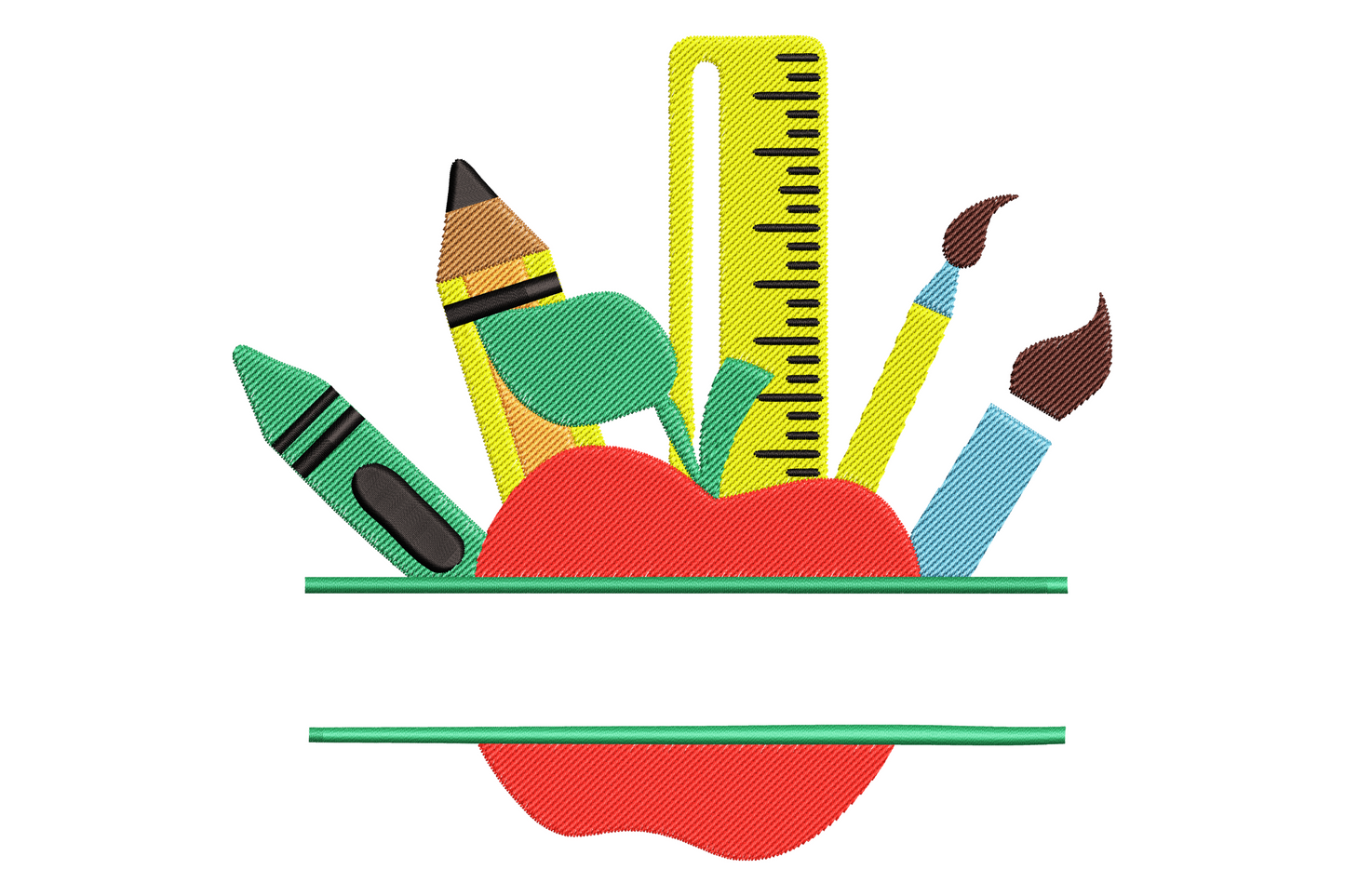 School supplies apple embroidery split monogram frame with red apple, pencil, crayon, ruler and paintbrush in bright classroom colours.