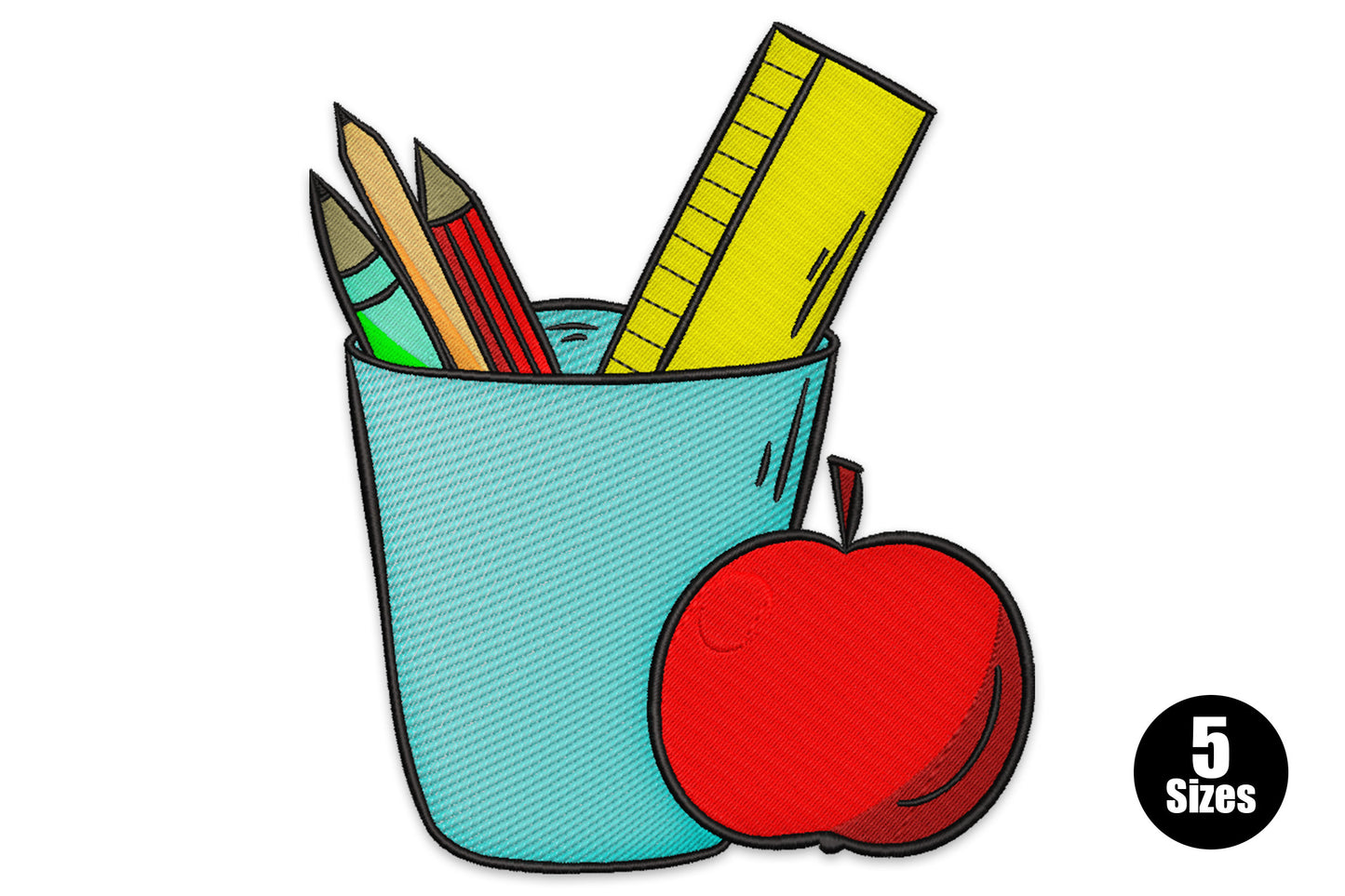 School supplies cup embroidery with aqua pencil holder, coloured pencils, yellow ruler and a red apple in cartoon illustration style with bold black outlines.