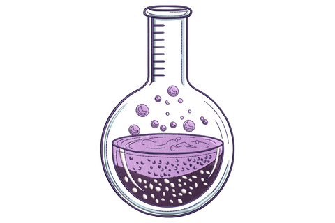 Science flask embroidery design, vintage etched style chemistry flask with bubbling lavender purple liquid and rising bubbles
