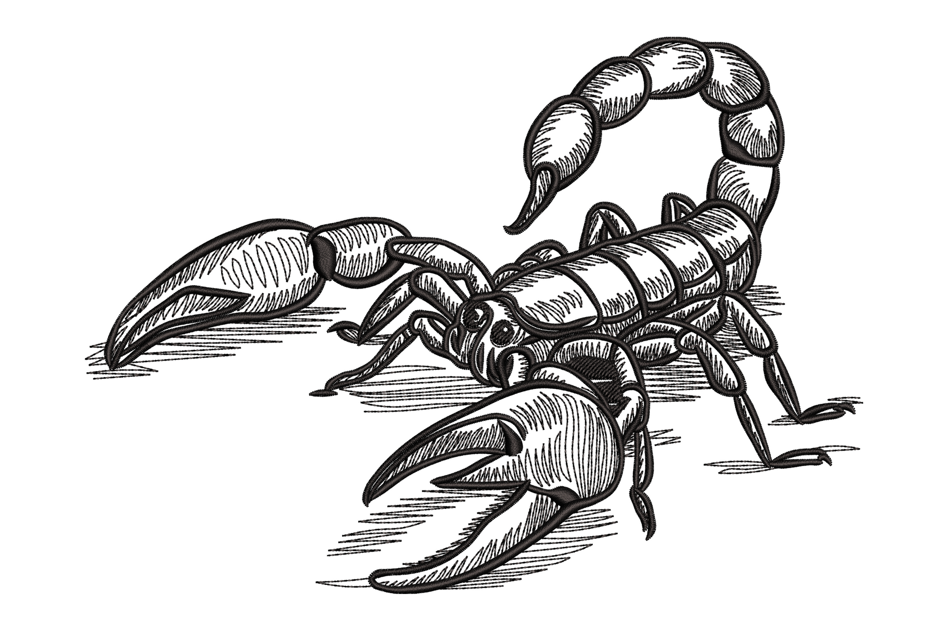 Scorpion embroidery design, single black colour, detailed pen-and-ink crosshatch style with arched tail and forward-extended claws.