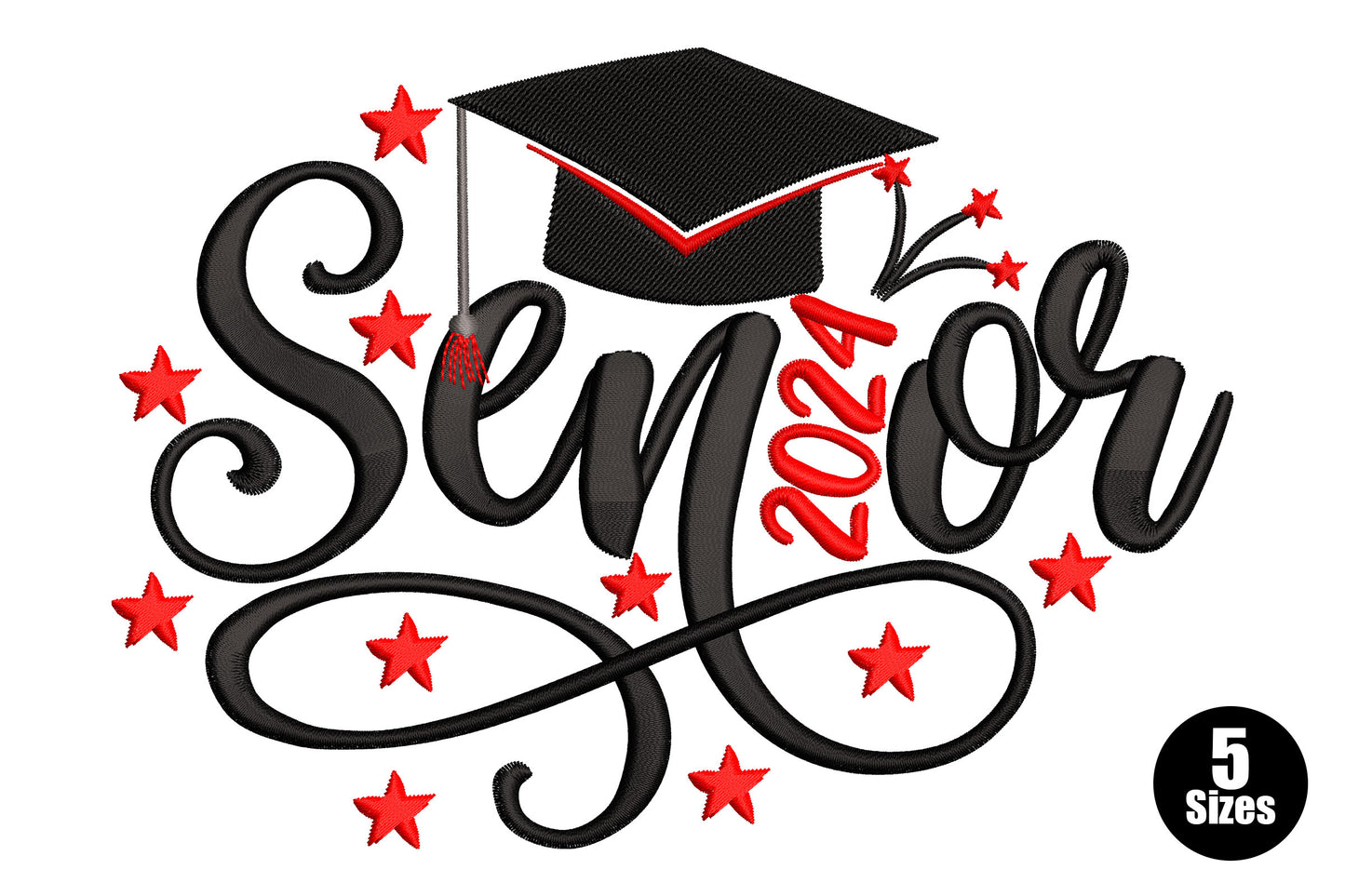 Senior 2024 cursive script embroidery with flowing black swash lettering, red scatter stars and mortarboard cap.