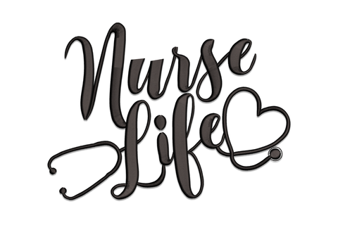 Script nurse quote embroidery design in flowing black cursive lettering, nursing motivation machine embroidery