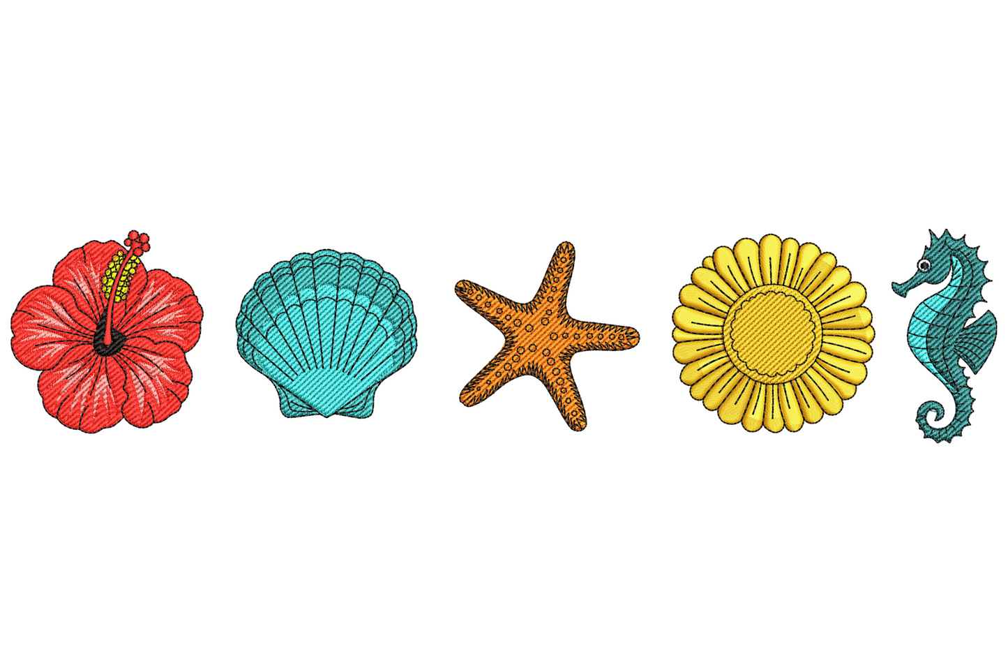 Sea life border embroidery strip with coral starfish, teal seahorse, shell, red crab and aqua fish stacked in a vertical column.