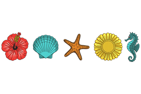 Sea life border embroidery strip with coral starfish, teal seahorse, shell, red crab and aqua fish stacked in a vertical column.
