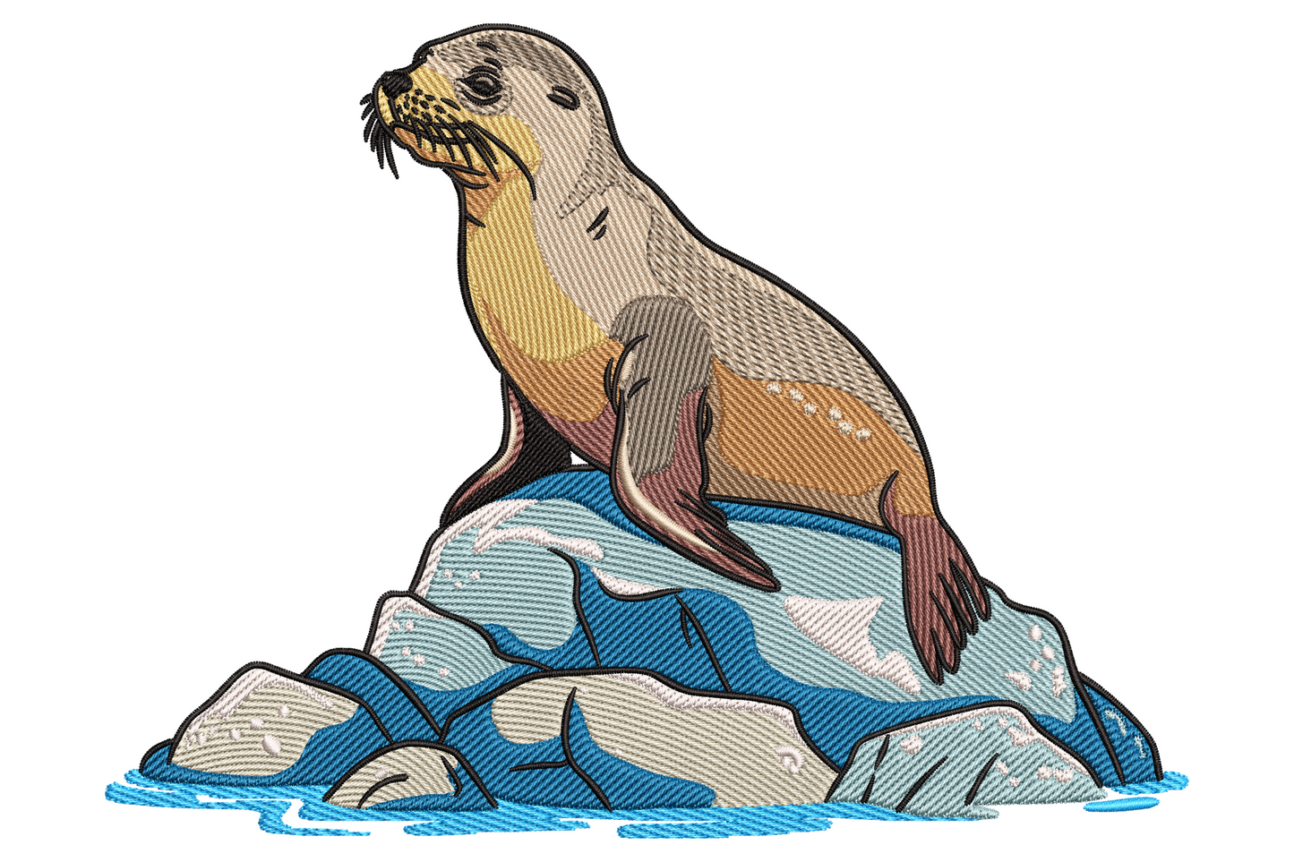 Sea lion on rocks embroidery, marine wildlife sat on grey rocks above ocean waves, golden brown fur, beach coastline.