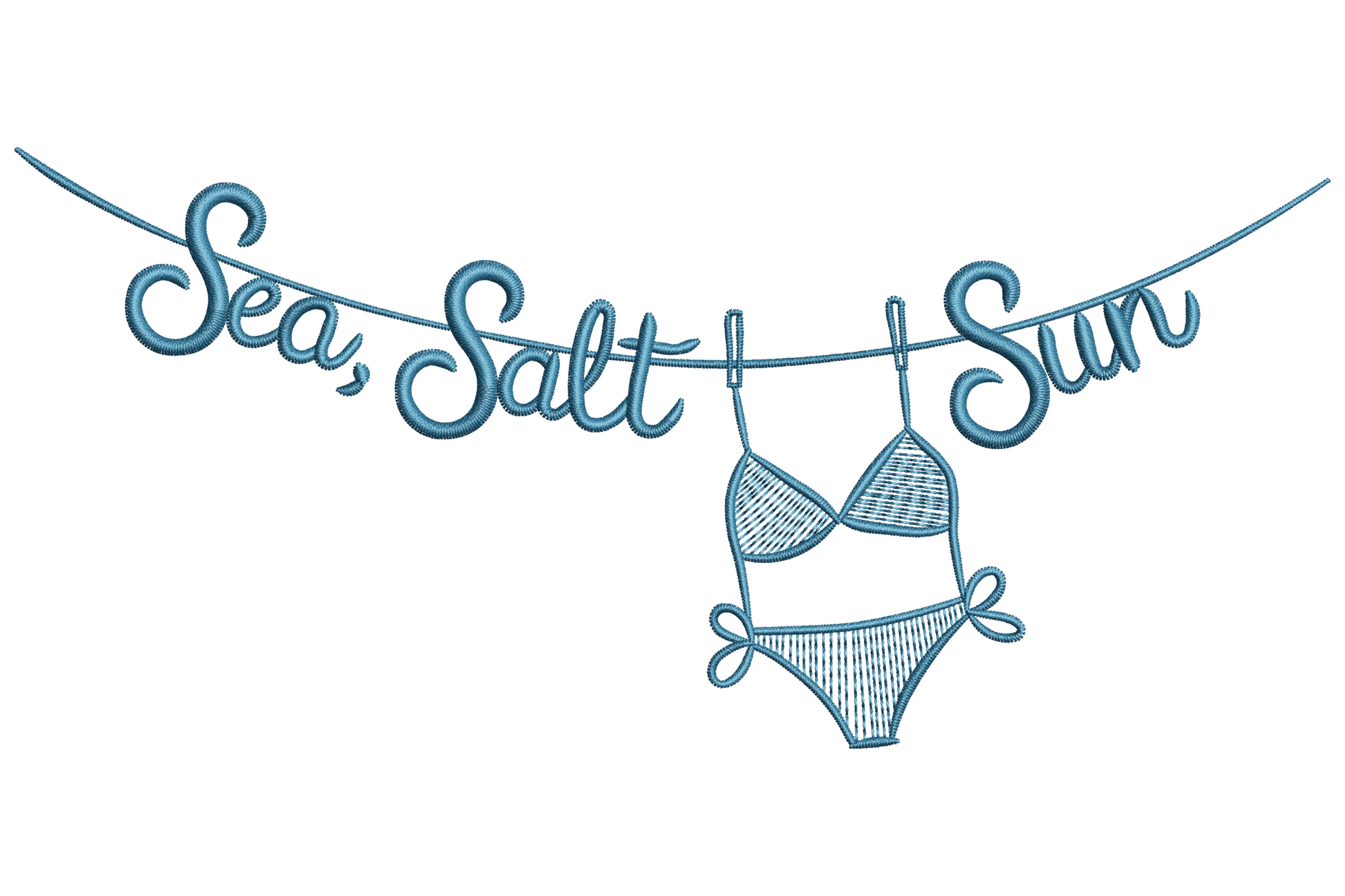 Hand-lettered cursive text reading sea salt sun stacked across three lines with a small rising sun graphic between the words, single-colour line embroidery design.