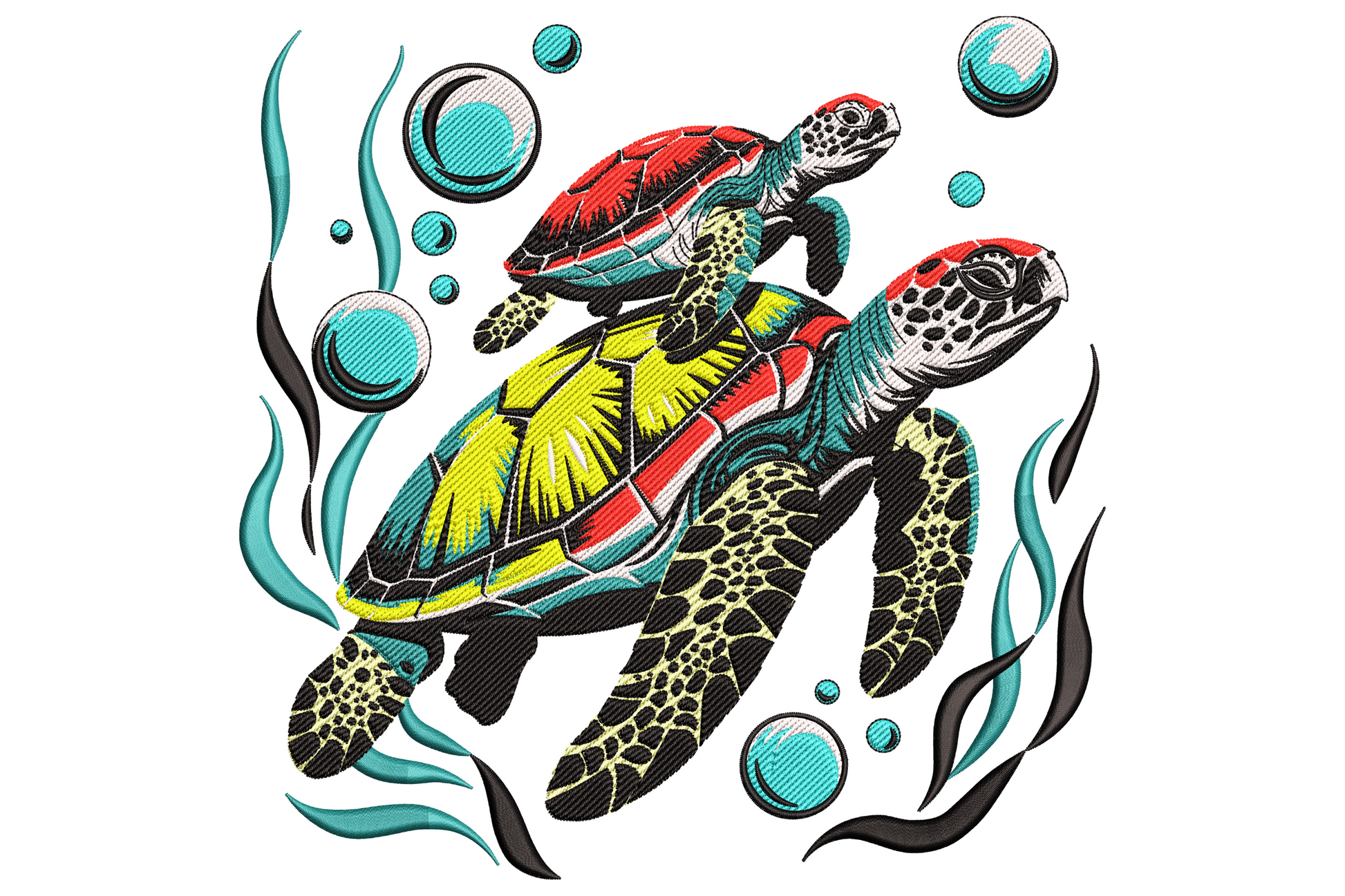 Two sea turtles with hexagon shells swimming side by side surrounded by a cluster of round white bubbles rising upward.