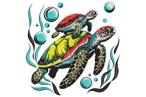 Two sea turtles with hexagon shells swimming side by side surrounded by a cluster of round white bubbles rising upward.