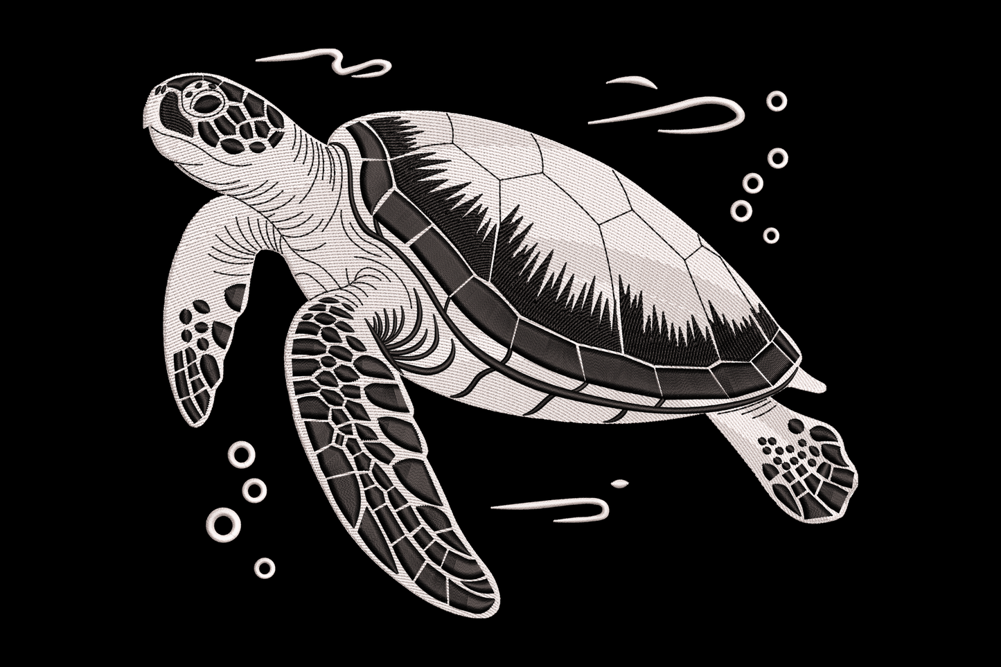 Black and white illustration of a turtle on a black background