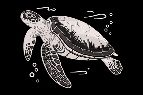 Black and white illustration of a turtle on a black background
