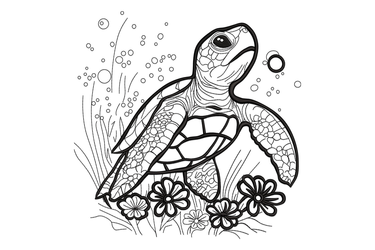 Sea turtle line art embroidery, turtle swimming upward with shell panels, seagrass, daisy flowers and bubble circles.