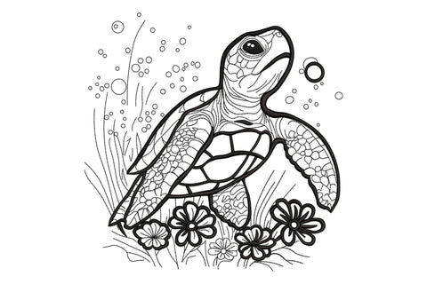 Sea turtle line art embroidery, turtle swimming upward with shell panels, seagrass, daisy flowers and bubble circles.