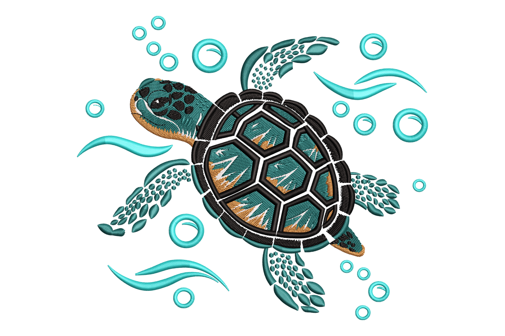 Sea turtle ocean embroidery design with olive green shell mosaic pattern, sage green flippers, tan scute borders, top-down view on white background.
