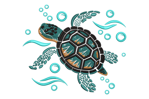 Sea turtle ocean embroidery design with olive green shell mosaic pattern, sage green flippers, tan scute borders, top-down view on white background.