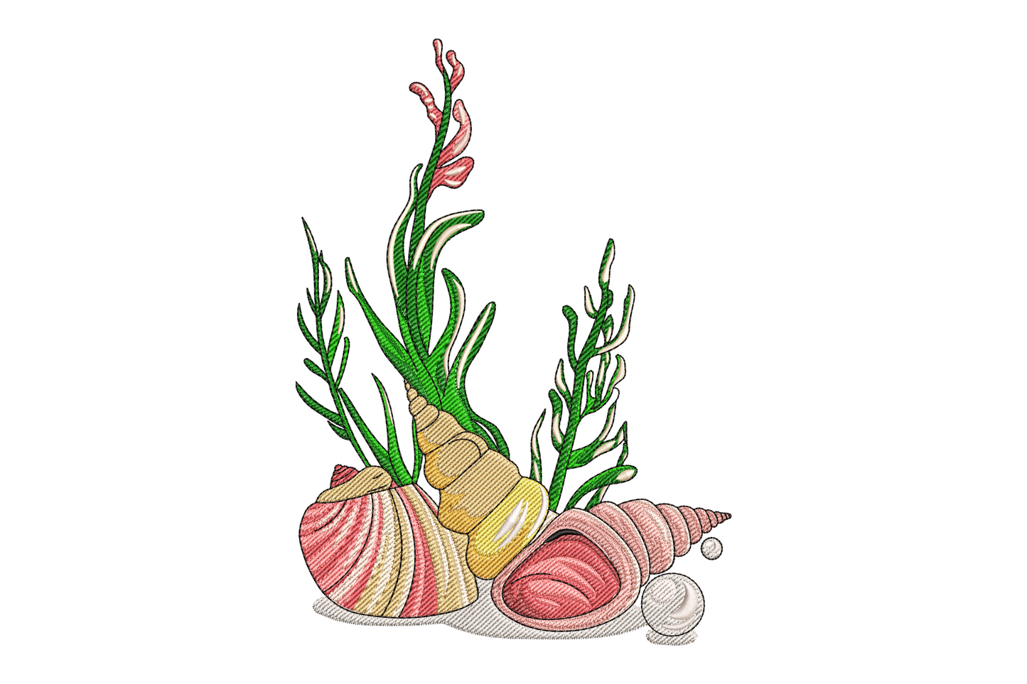 Seashell and coral cluster embroidery design, 15 colours, naturalist arrangement with starfish accent