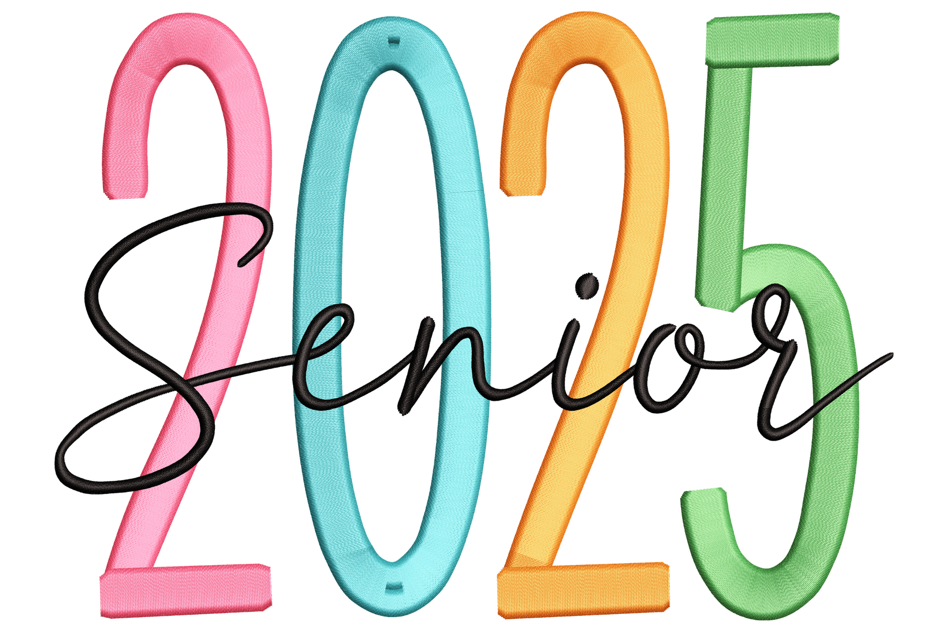 Senior 2025 machine embroidery design, five colours, bold typographic class year badge layout, SENIOR text over 2025 numerals, sporty graduation style, 3.5 to 7.5 inch sizes.