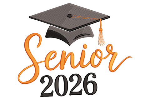 Senior 2026 graduation cap embroidery design with dark charcoal mortarboard, bright orange tassel and flowing orange script lettering above bold block numerals.