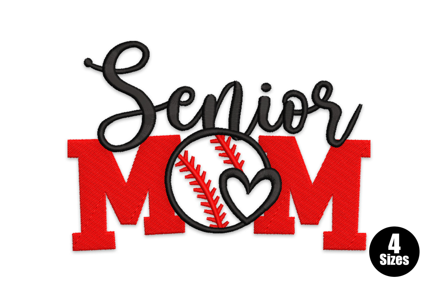 Senior mom baseball embroidery design, black script over bold red MOM, baseball replaces the O with red seam lines and heart.