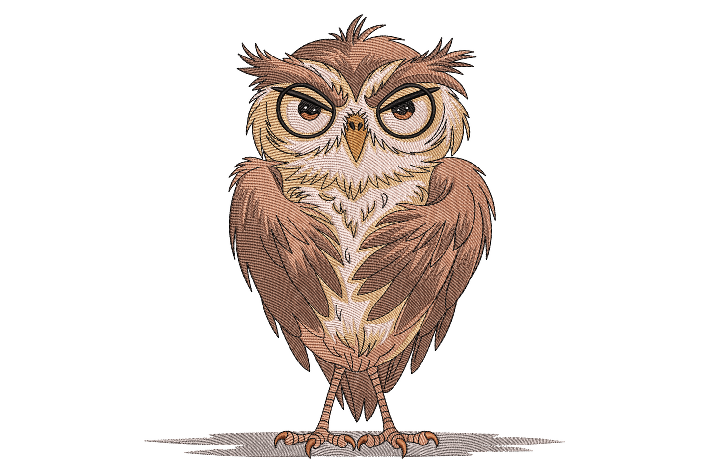 Serious standing owl embroidery with layered brown feathers, cream belly, charcoal wing tips and amber-yellow eyes.