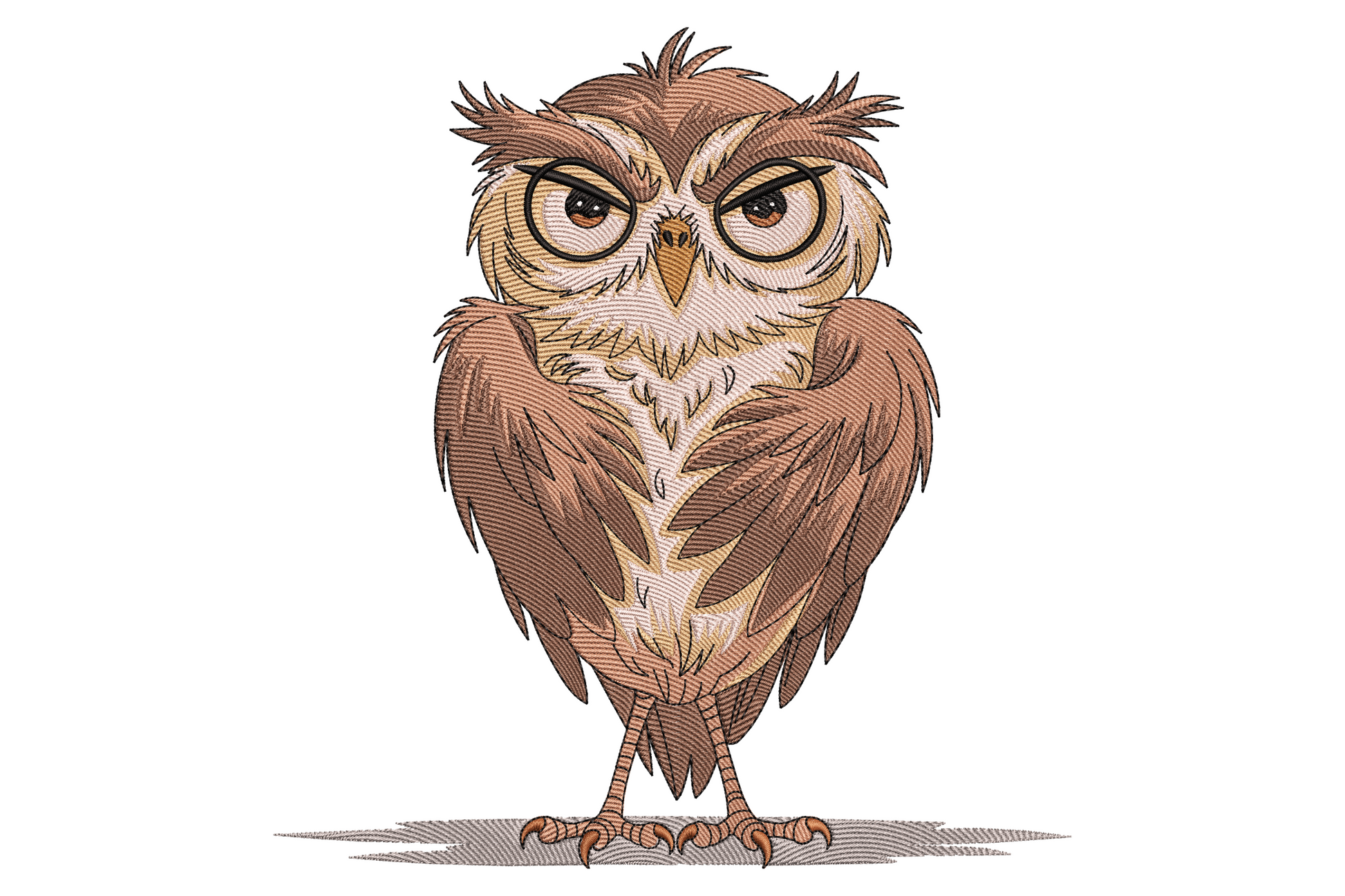 Serious standing owl embroidery with layered brown feathers, cream belly, charcoal wing tips and amber-yellow eyes.