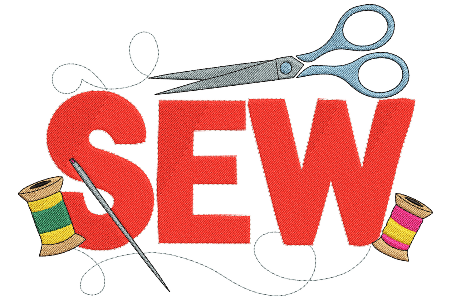 Sew word embroidery design, bold red SEW letters with steel blue dressmaker scissors above and multicolour thread spools with needle below.