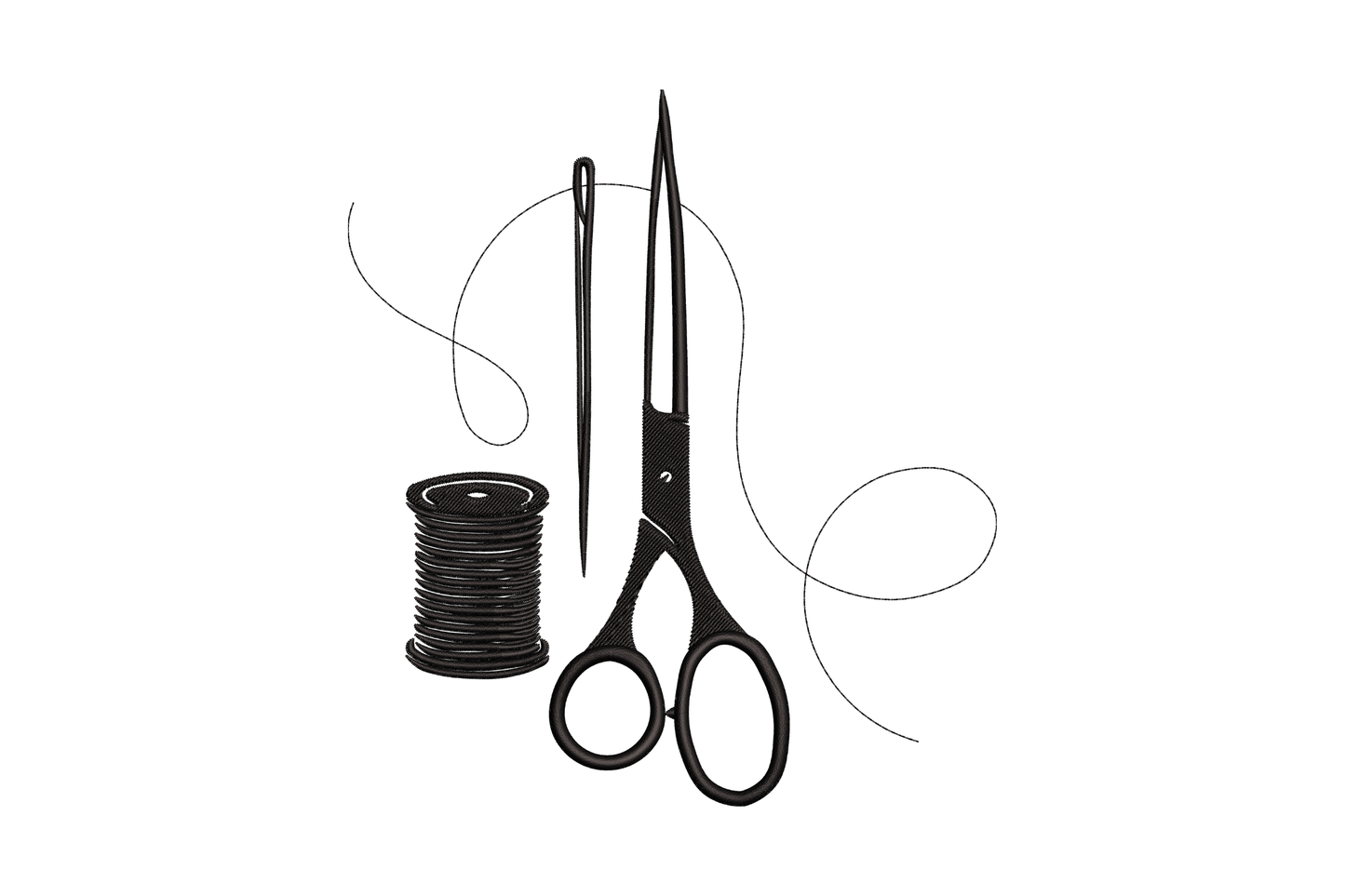Machine embroidery design of a needle, scissors, and thread spool in loose overlapping arrangement, stitched in single black thread on white fabric.