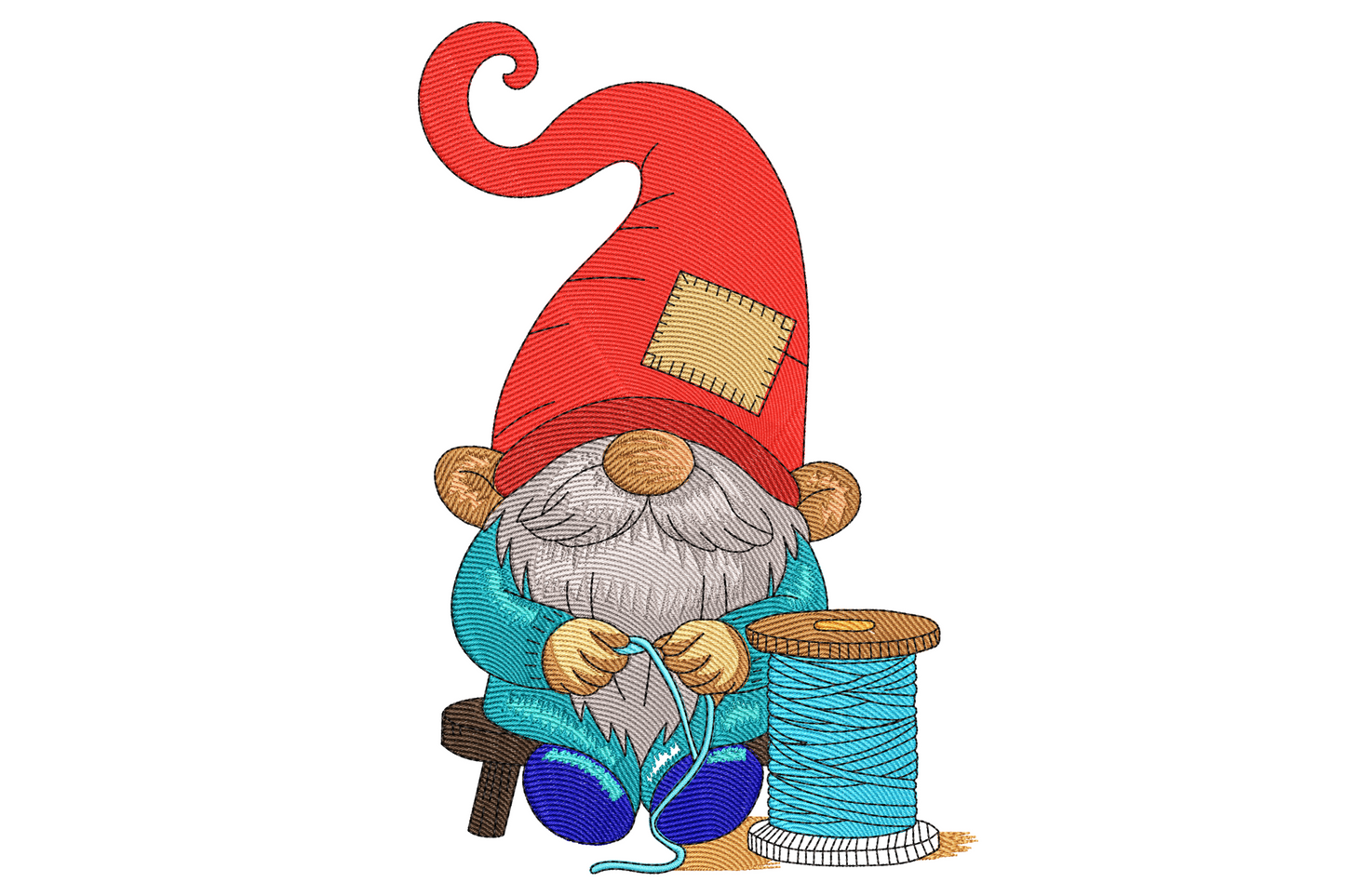 Sewing gnome embroidery design with a tall red hat, long cream beard, denim blue tunic and a large wooden thread spool wrapped in sage green thread.