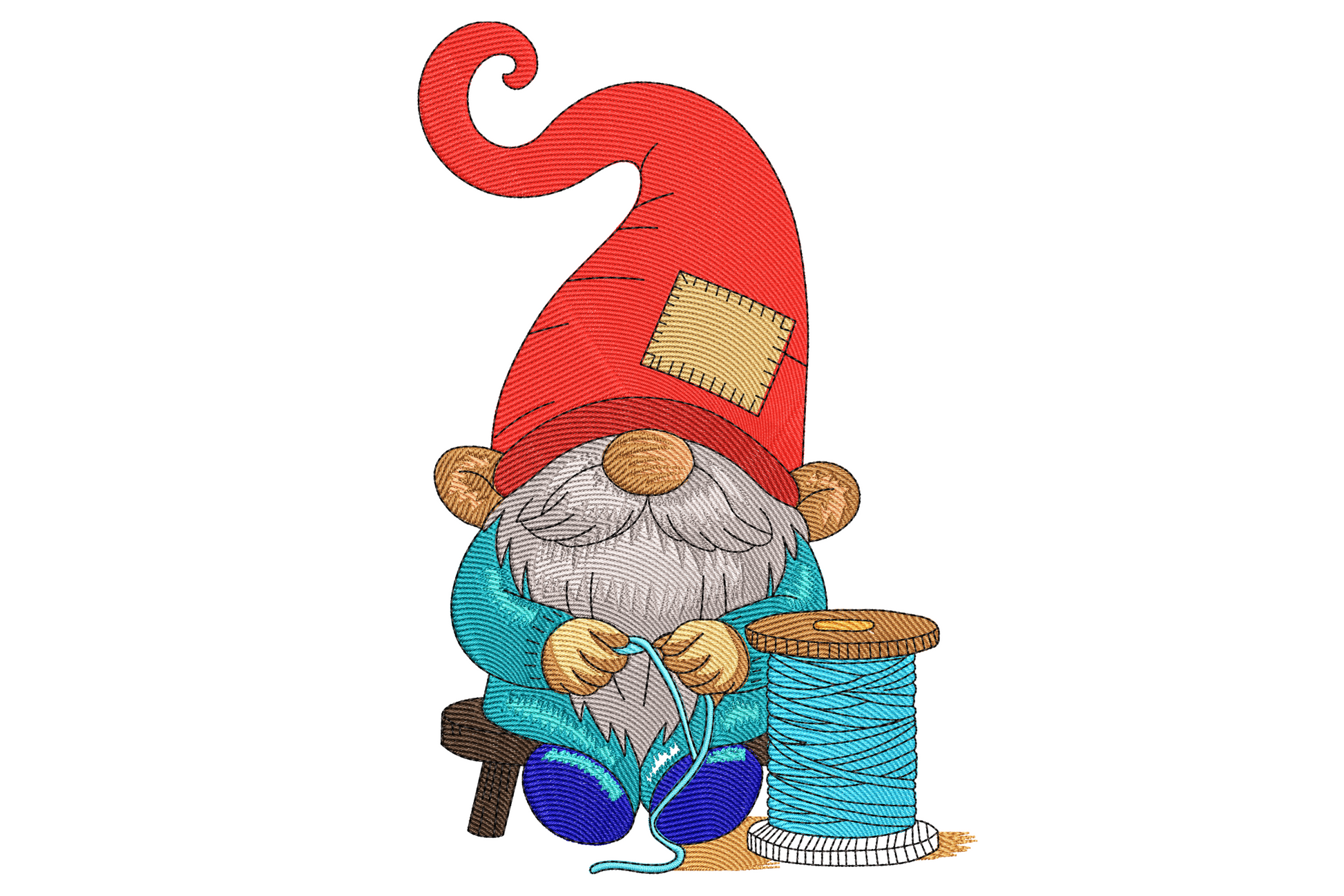 Sewing gnome embroidery design with a tall red hat, long cream beard, denim blue tunic and a large wooden thread spool wrapped in sage green thread.