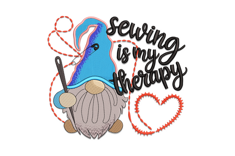 Sewing gnome embroidery with blue hat, grey beard, needle and looping thread, red dashed heart, cursive Sewing is my therapy text.