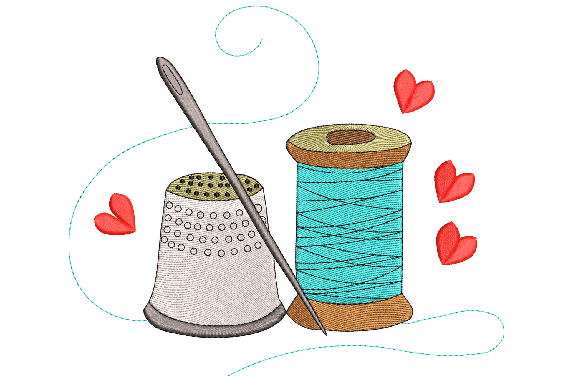 Sewing love embroidery design with aqua thread spool, thimble, needle and scattered red hearts in nine colours.