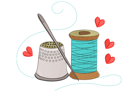 Sewing love embroidery design with aqua thread spool, thimble, needle and scattered red hearts in nine colours.