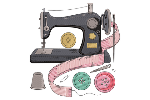 Vintage charcoal sewing machine with pink measuring tape, mustard buttons, sage button, thimble and threaded needle