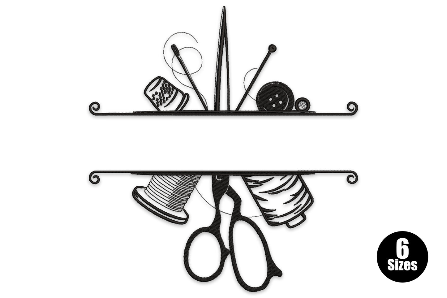 Sewing tools border embroidery design, scissors spools thimble needles in black thread, split border, 6 sizes 5 to 10 inches
