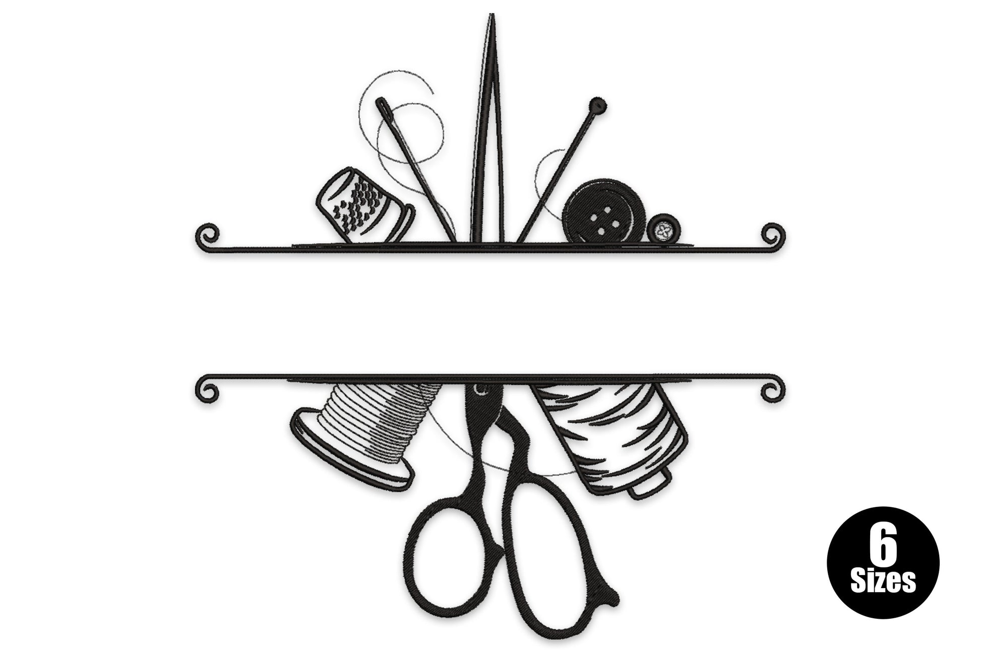 Sewing tools border embroidery design, scissors spools thimble needles in black thread, split border, 6 sizes 5 to 10 inches