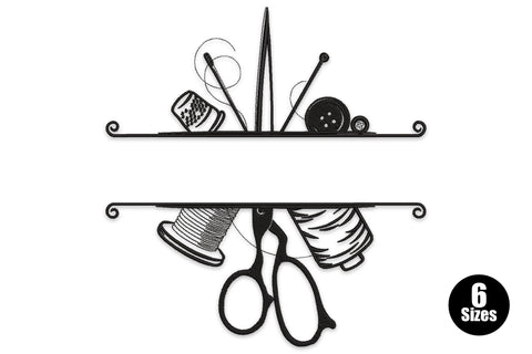 Sewing tools border embroidery design, scissors spools thimble needles in black thread, split border, 6 sizes 5 to 10 inches