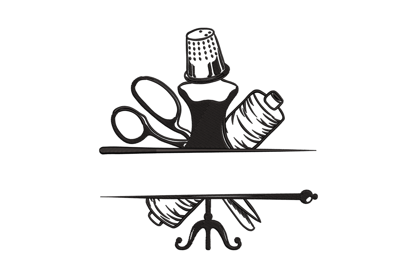 Machine embroidery design of sewing tools line art featuring thimble, scissors, thread cone and needle stand in single black thread on canvas.