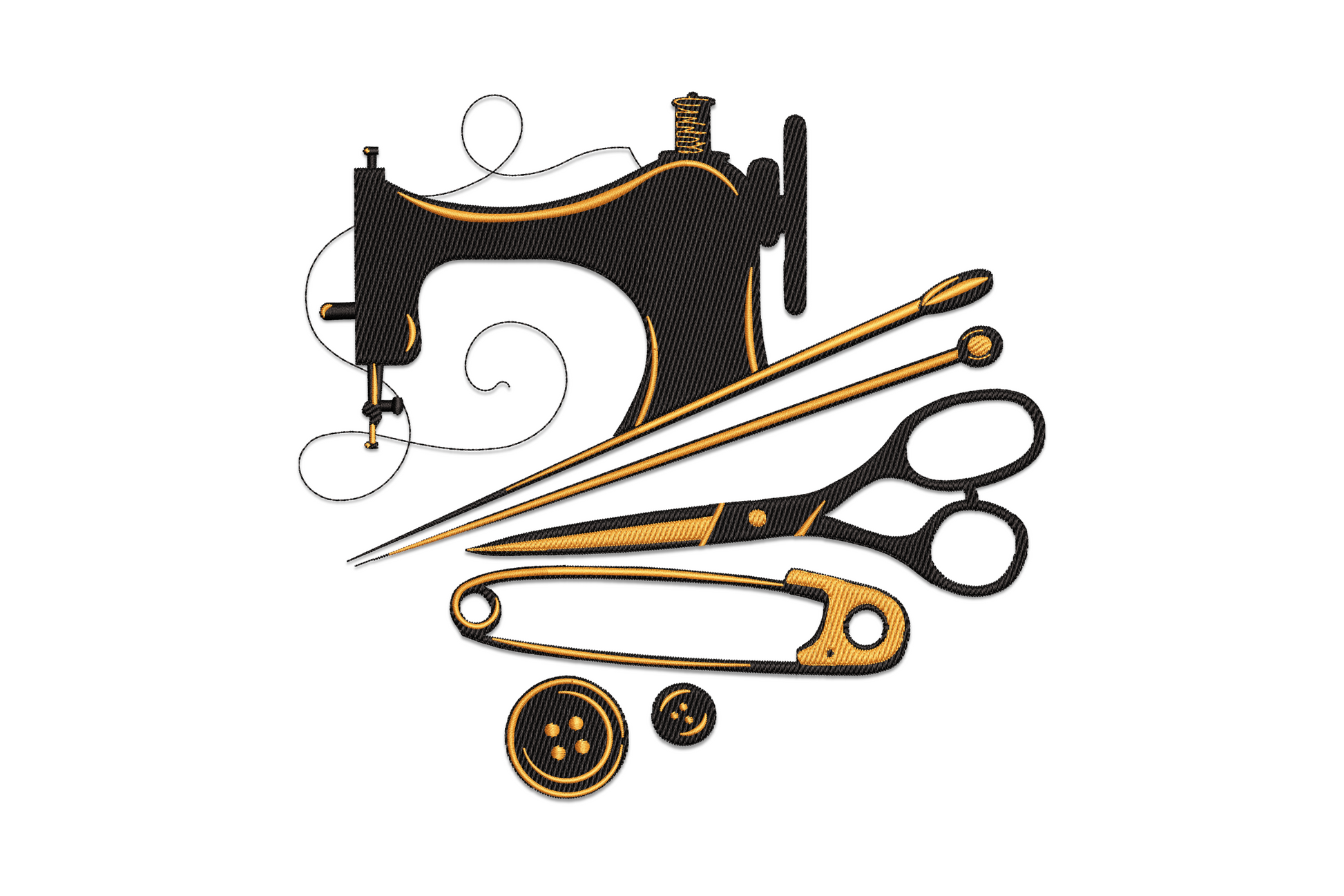 Sewing tools embroidery design with scissors, thread spool, needle and thimble in a flat-lay grouping, 2 colours, 5 sizes from 3.5 to 7.5 inches wide