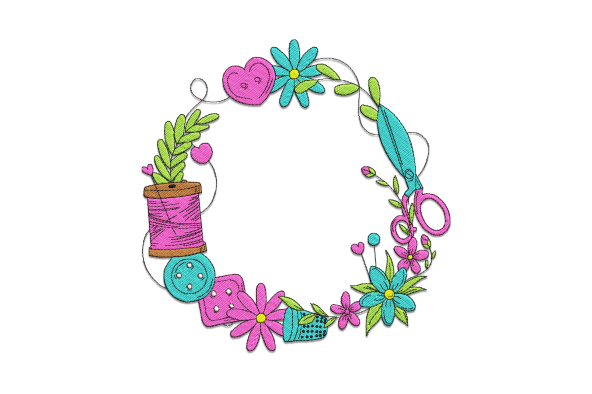 Sewing wreath embroidery design circular arrangement of thread spool scissors buttons and daisies in hot pink aqua and lime green
