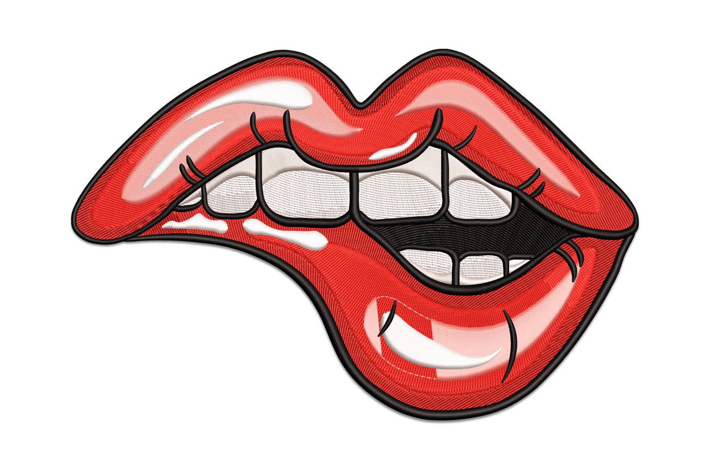 Sexy biting lips embroidery design with layered red, dark red and white thread for a realistic fashion look.