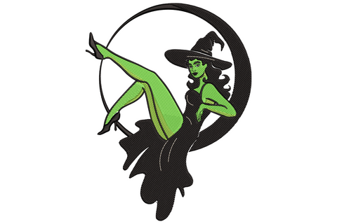 Green witch pin-up seated on black crescent moon, halloween embroidery design in lime green and black with retro silhouette style.
