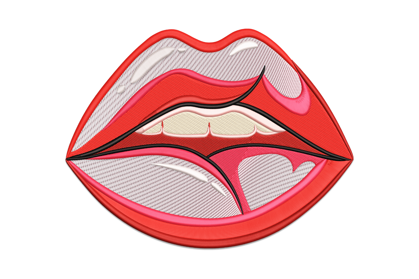 Sexy heart bite lips embroidery, heart shape formed by open lips with teeth, 8 colours in red rose and pink shading