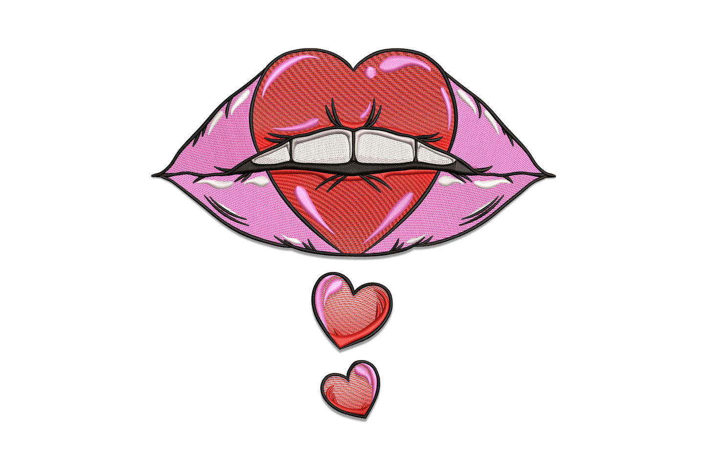 Sexy lips heart embroidery design with pink satin, dark red outline and two dangling hearts, 5 sizes to 7.5 inches.