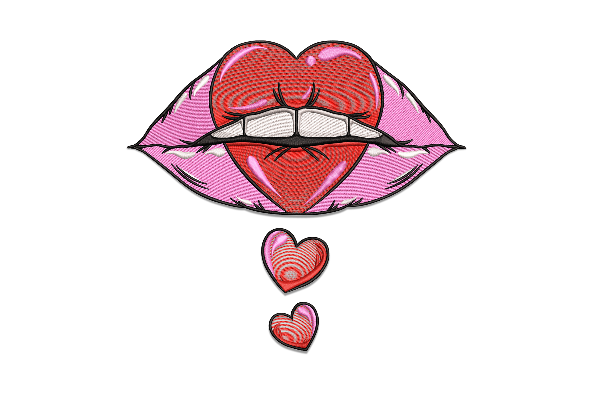 Sexy lips heart embroidery design with pink satin, dark red outline and two dangling hearts, 5 sizes to 7.5 inches.