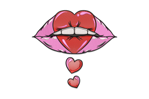 Sexy lips heart embroidery design with pink satin, dark red outline and two dangling hearts, 5 sizes to 7.5 inches.