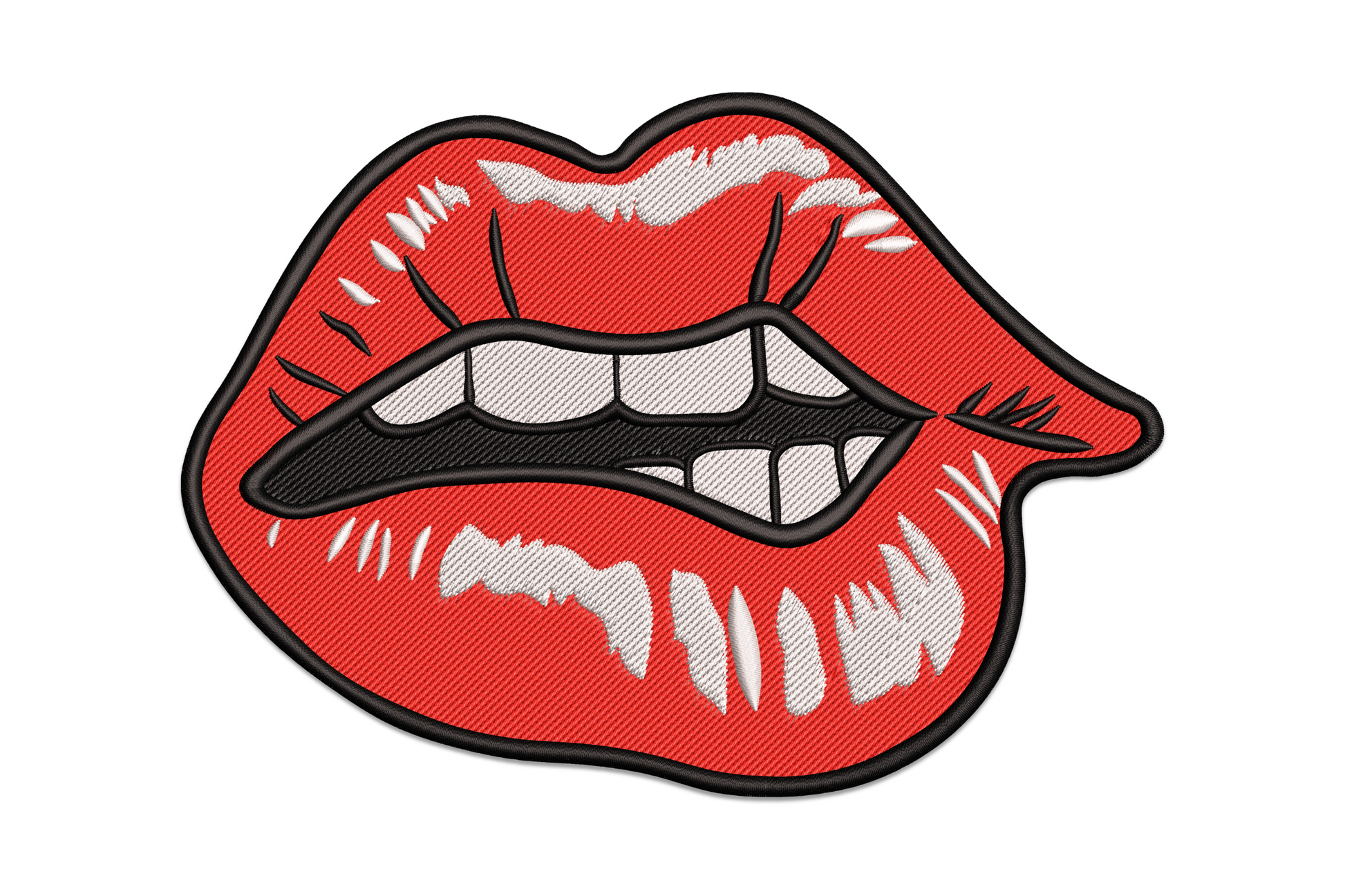 Machine embroidery design of bold red lips in a biting pose with white teeth and glossy highlight stitching, outlined in thick dark thread, pop-art style
