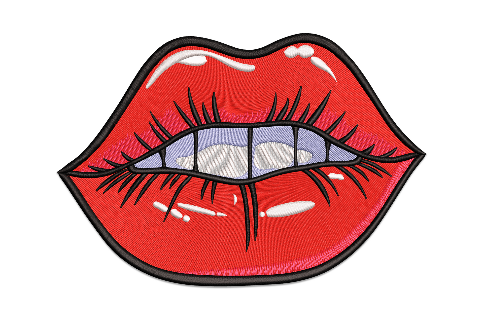 Sexy red lips machine embroidery design with satin fill, white highlights, lavender teeth and black outline detail