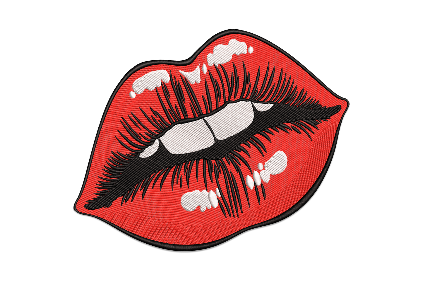 Bold red lips valentine embroidery design, satin fill with glossy highlight and deep burgundy shadow line, pin-up style