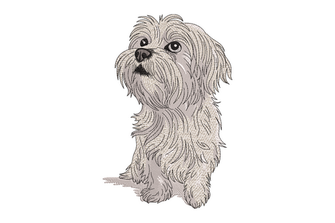Shaggy fluffy dog machine embroidery with layered fur stitching and eyes peeping through fringe, 5 thread colours in warm tan and golden brown