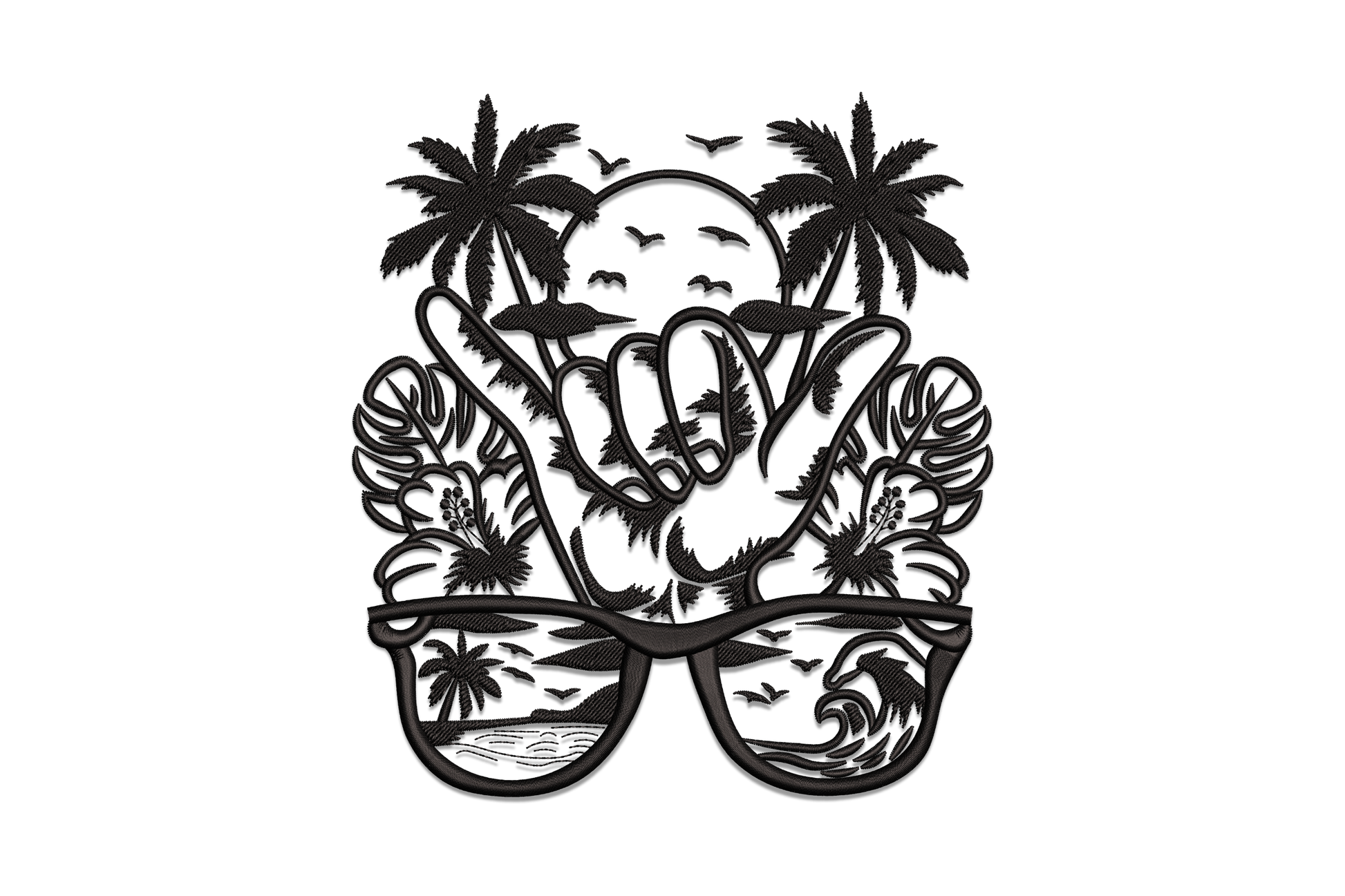 Shaka hang-loose hand embroidery packed with palm trees, hibiscus flowers and retro sunglasses with beach wave scenes, black silhouette design.