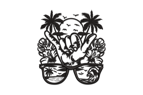 Shaka hang-loose hand embroidery packed with palm trees, hibiscus flowers and retro sunglasses with beach wave scenes, black silhouette design.